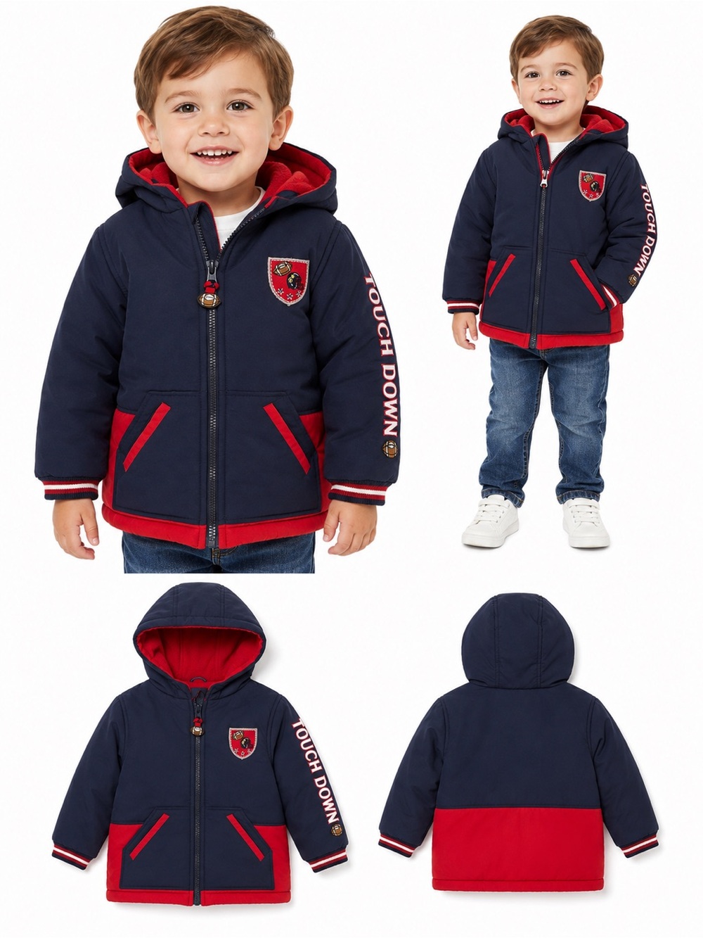 Little Me Toddler Boys 3T Touchdown Football Hooded Puffer Jacket Navy Red NWT